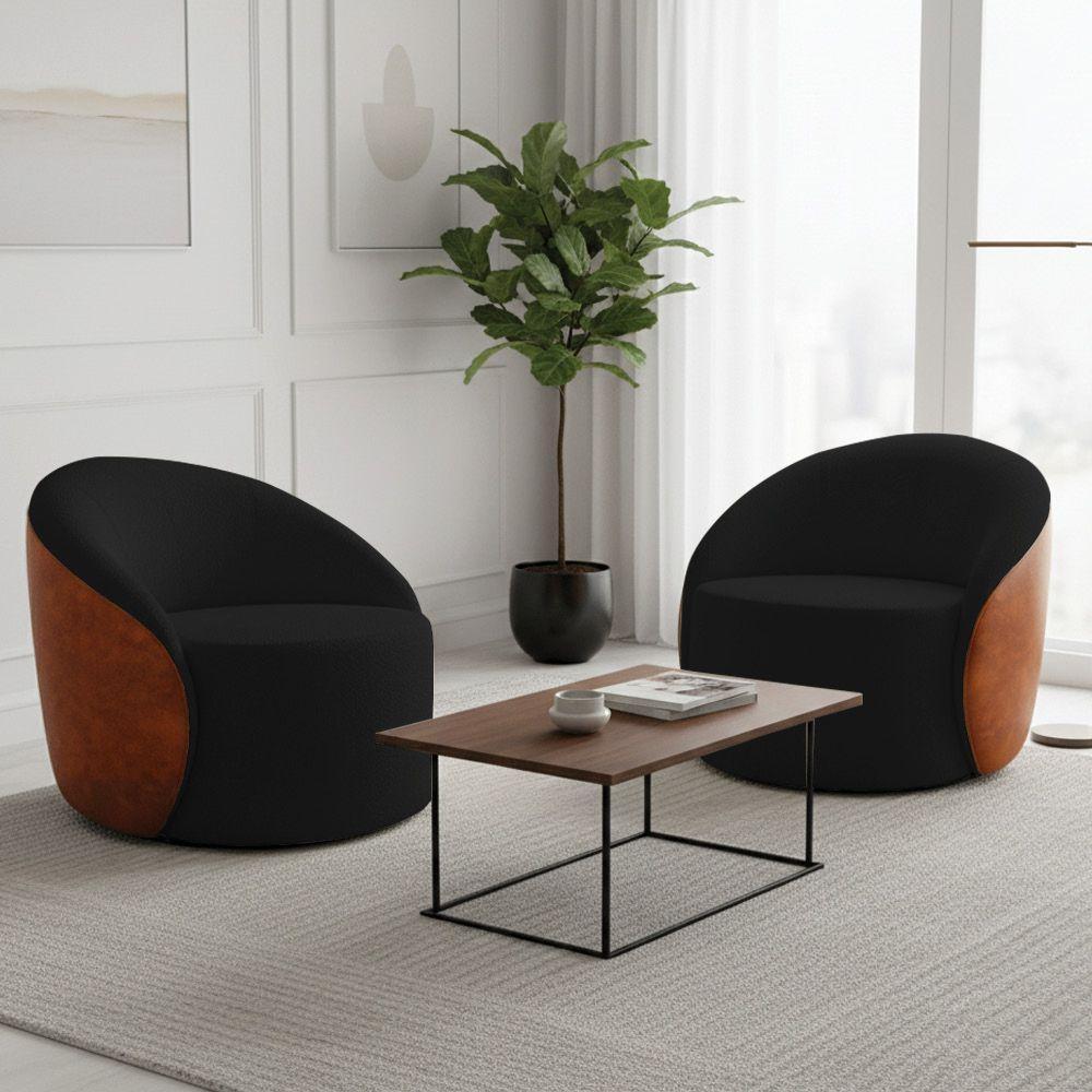 Poltrona Sala Orgânica Kit 2 Lua Fixa Sintético Pu Nozes/bouclê D03 - D'rossi Cor Preto - 1