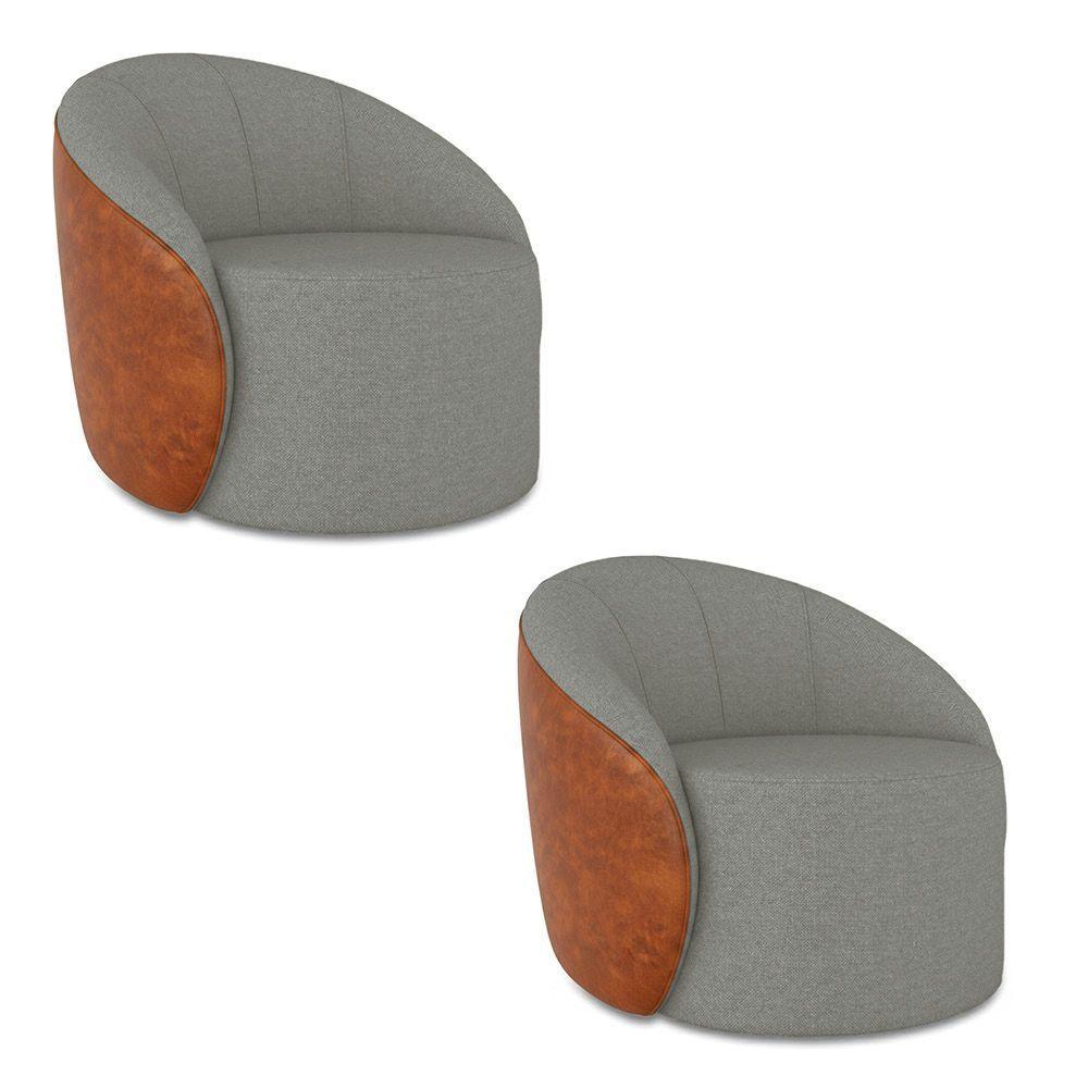 Poltrona Sala Orgânica Kit 2 Lua Fixa Sintético Pu Nozes/linho Grafite D03 - D'rossi - 2