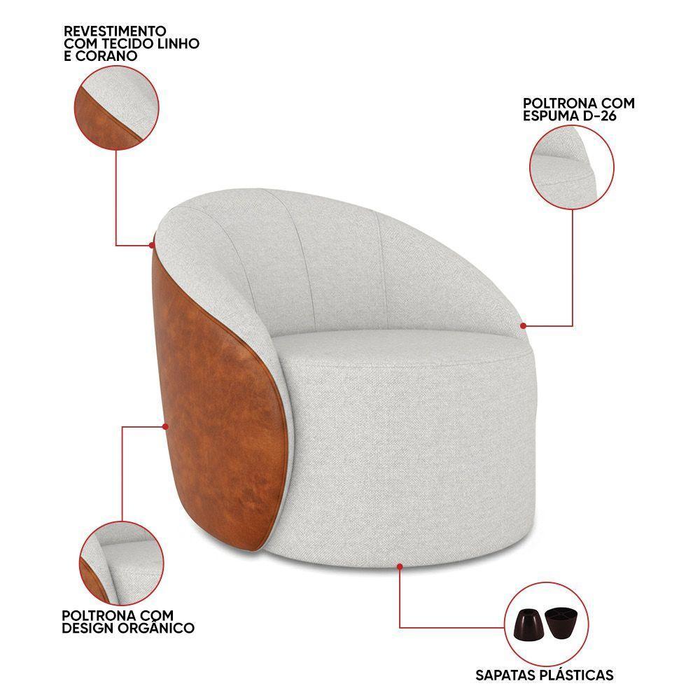 Poltrona Sala Orgânica Kit 2 Lua Fixa Sintético Pu Nozes/linho Cinza D03 - D'rossi - 7