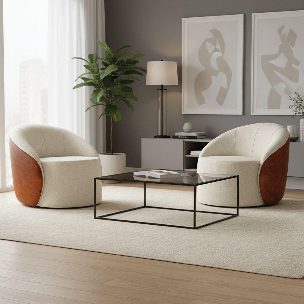 Poltrona Sala Orgânica Kit 2 Lua Fixa Sintético Pu Nozes/linho D03 - D'rossi Cor Bege - 1