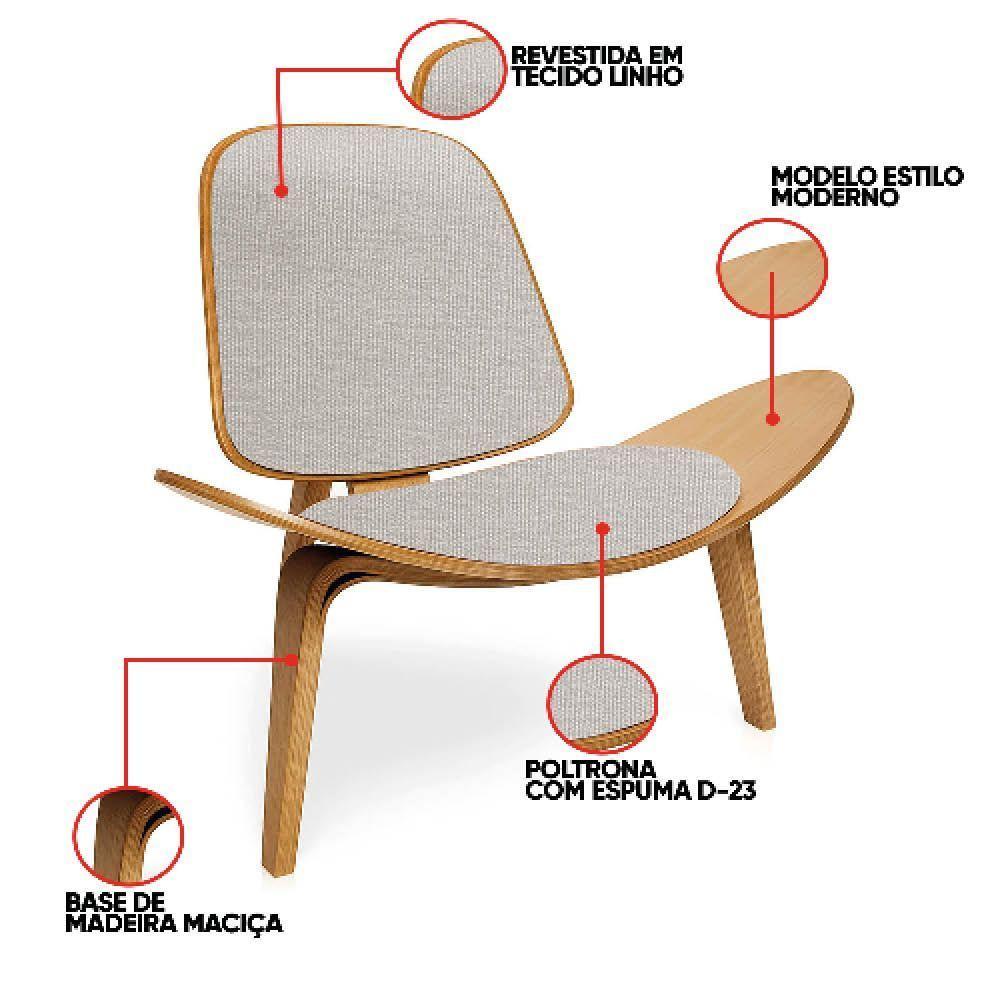 Poltrona Decorativa Base De Madeira Shell Linho P01 - D'rossi Cor Cinza - 3