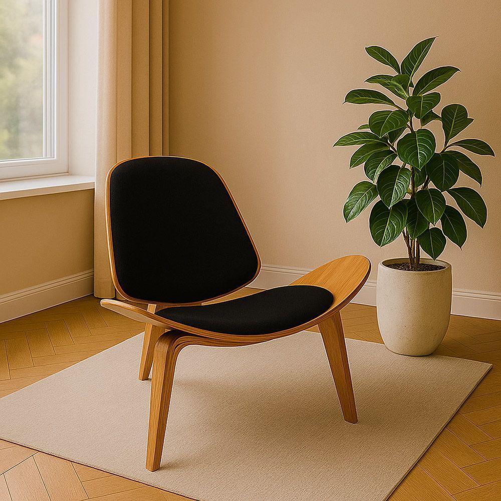 Poltrona Decorativa Base De Madeira Shell Linho P01 - D'rossi Cor Preto - 1