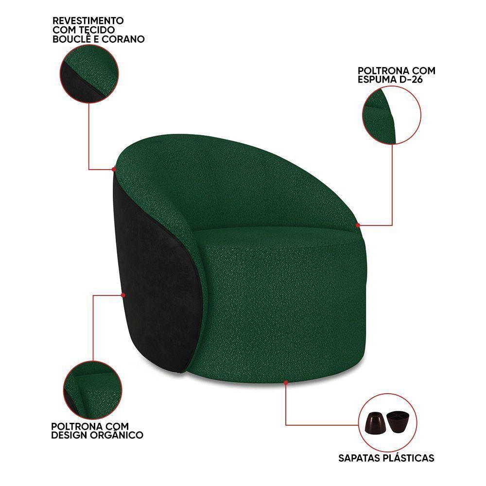 Poltrona Sala Orgânica Kit 2 Lua Fixa Sintético Pu Preto/bouclê Verde D03 - D'rossi - 3