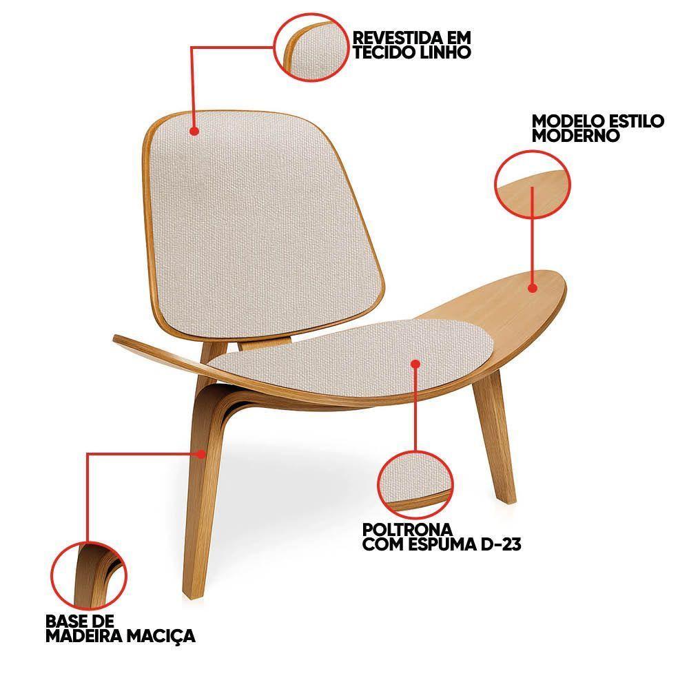 Poltrona Decorativa Base De Madeira Shell Linho P01 - D'rossi Cor Bege - 3