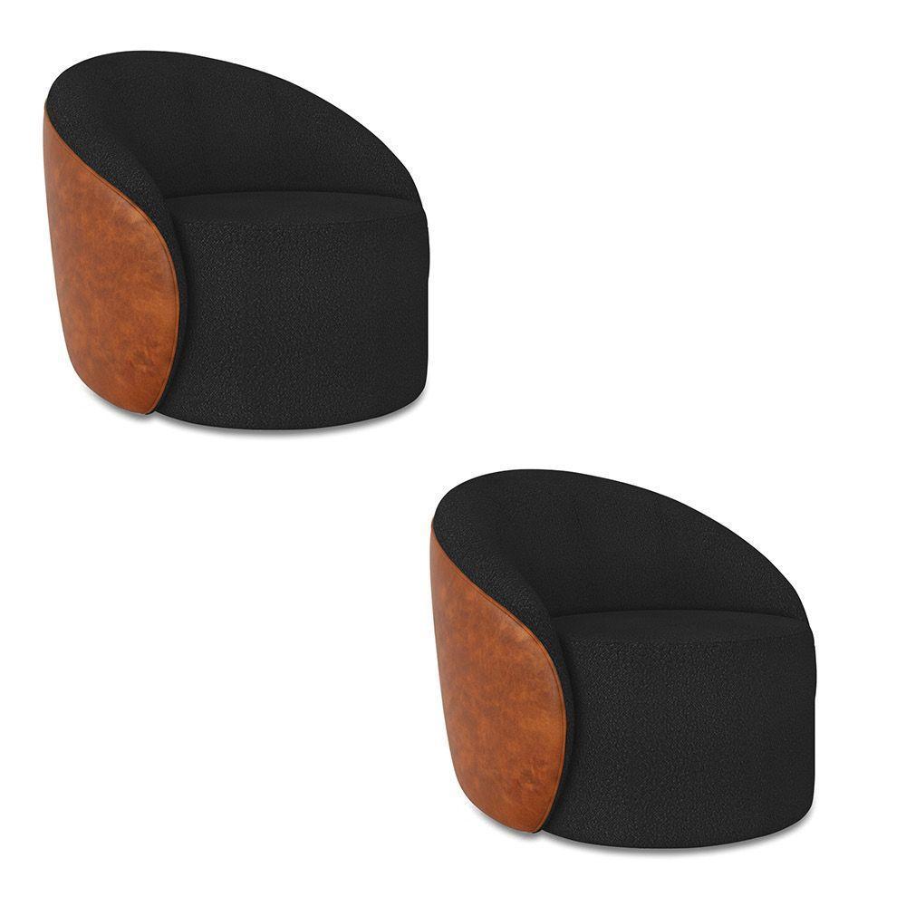 Poltrona Sala Orgânica Kit 2 Lua Fixa Sintético Pu Nozes/bouclê Preto D03 - D'rossi - 2