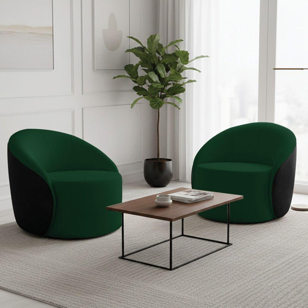 Poltrona Sala Orgânica Kit 2 Lua Fixa Sintético Pu Preto/bouclê D03 - D'rossi Cor Verde - 1