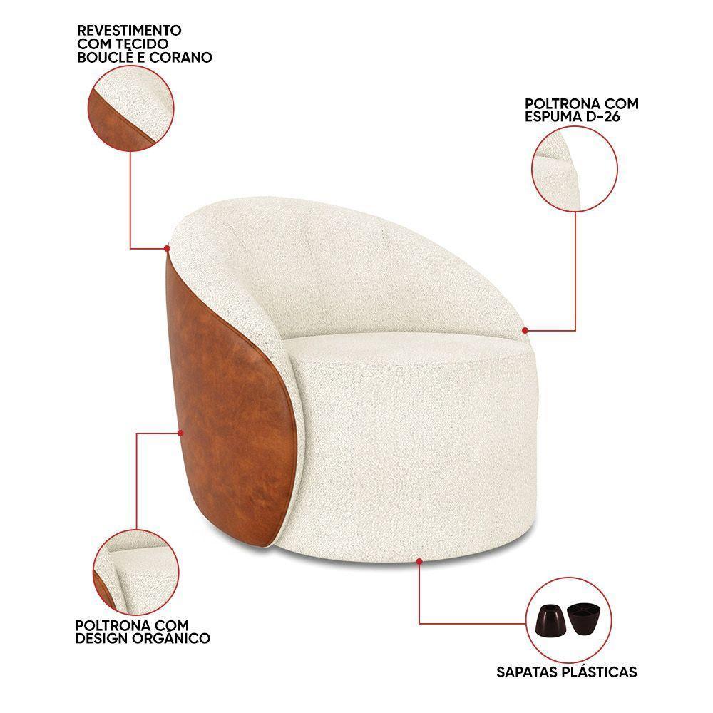 Poltrona Sala Orgânica Lua Fixa Sintético Pu Nozes/bouclê Off White D03 - D'rossi - 3