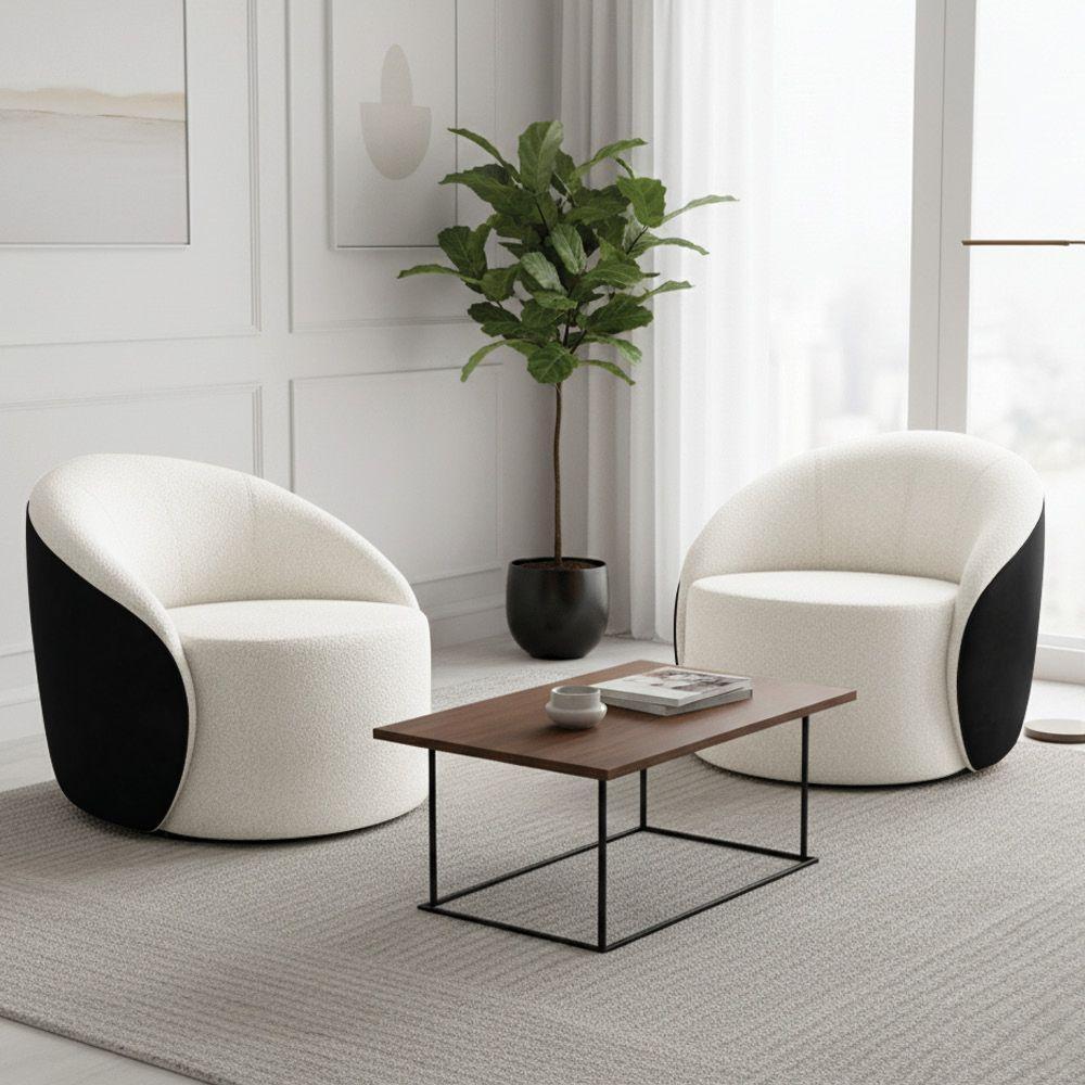 Poltrona Sala Orgânica Kit 2 Lua Fixa Sintético Pu Preto/bouclê Off White D03 - D'rossi - 1