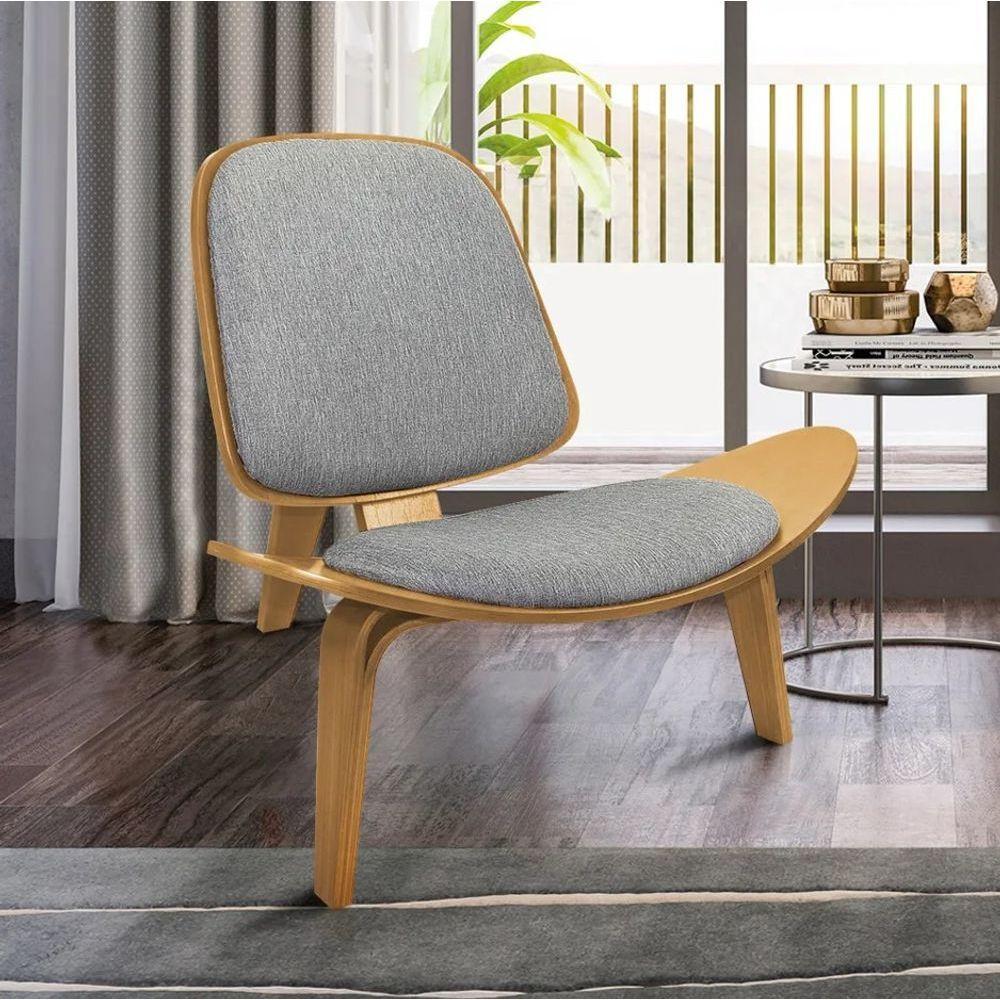 Poltrona Decorativa Base De Madeira Shell Linho P01 - D'rossi Cor Grafite - 1