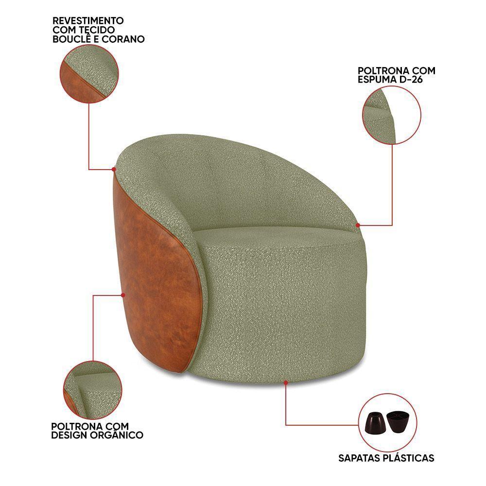 Poltrona Sala Orgânica Lua Fixa Sintético Pu Nozes/bouclê Pistache D03 - D'rossi - 3