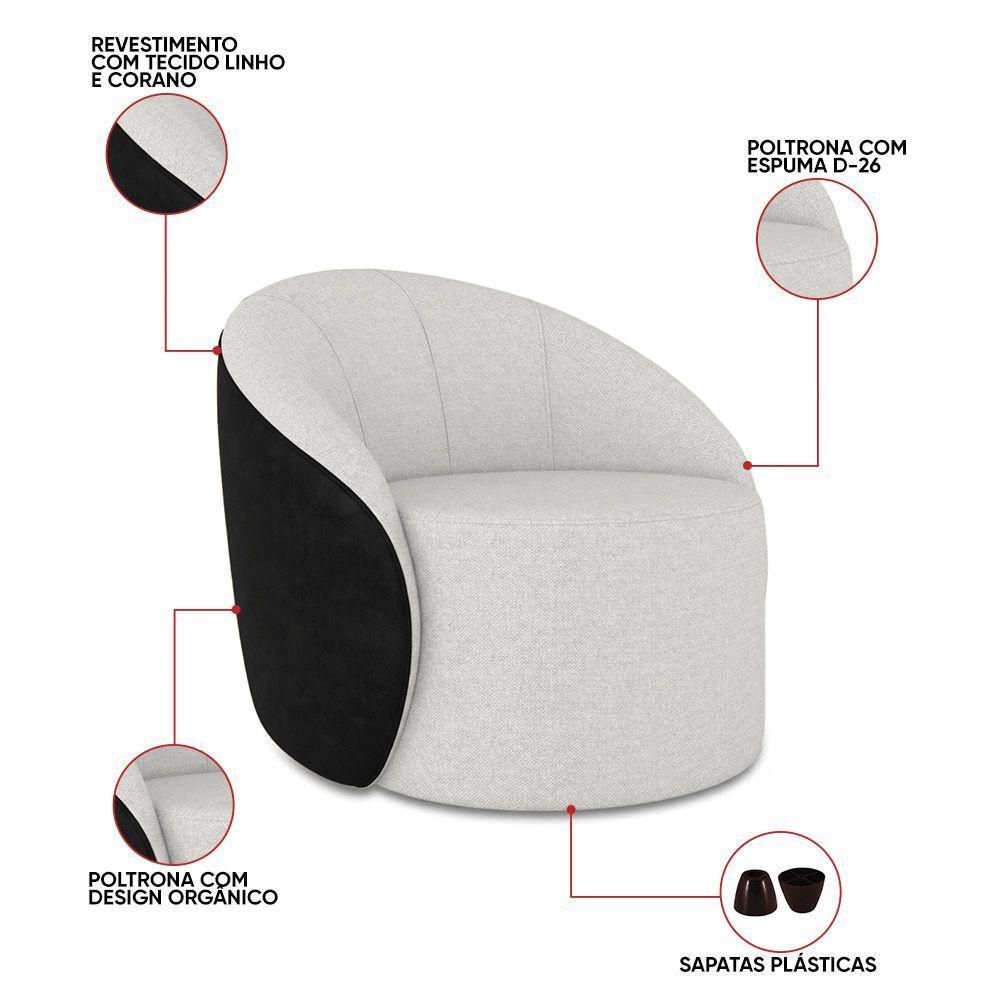 Poltrona Sala Orgânica Lua Fixa Sintético Pu Preto/linho D03 - D'rossi Cor Cinza - 3