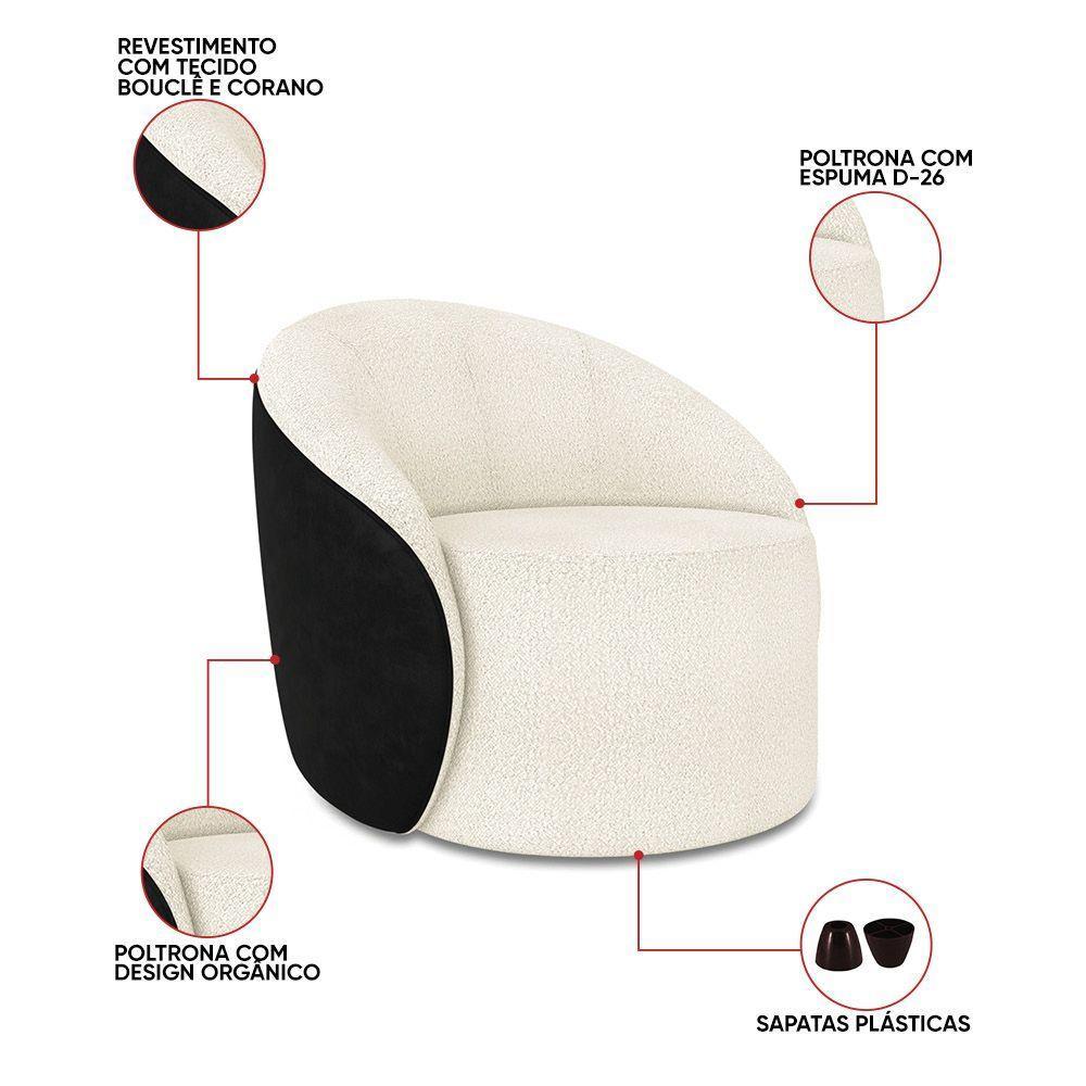 Poltrona Sala Orgânica Lua Fixa Sintético Pu Preto/bouclê Off White D03 - D'rossi - 3
