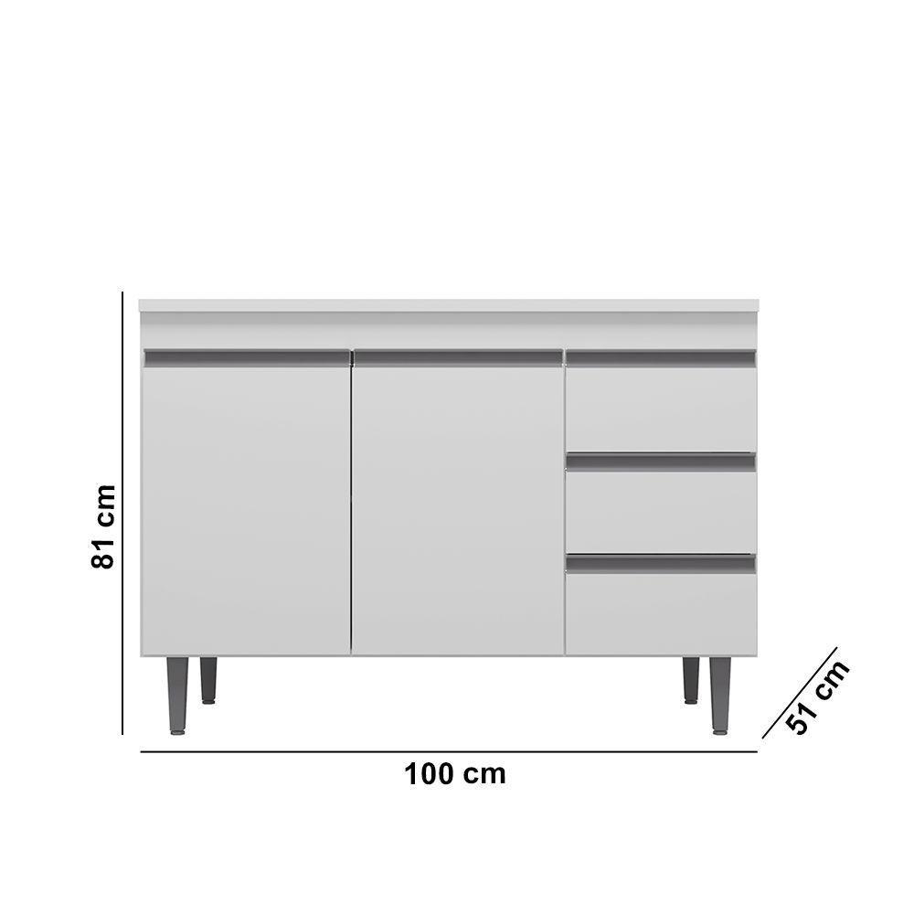 Balcão Cozinha Com Tampo 100cm 3 Gavetas Leticia Branco A01 - D'rossi - 3