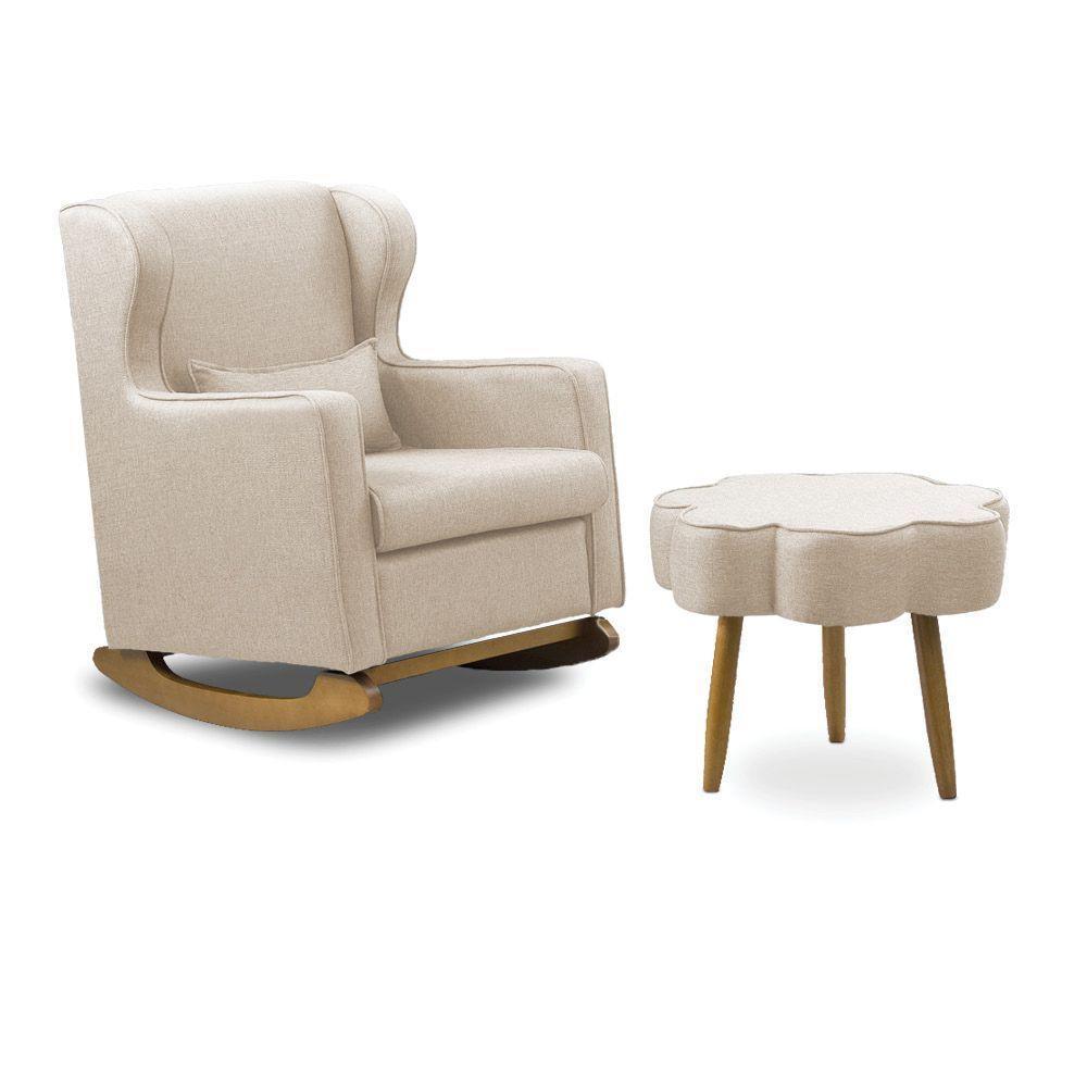 Poltrona De Amamentação Base Balanço E Puff Flower Linho Bege E03 - D'rossi - 2