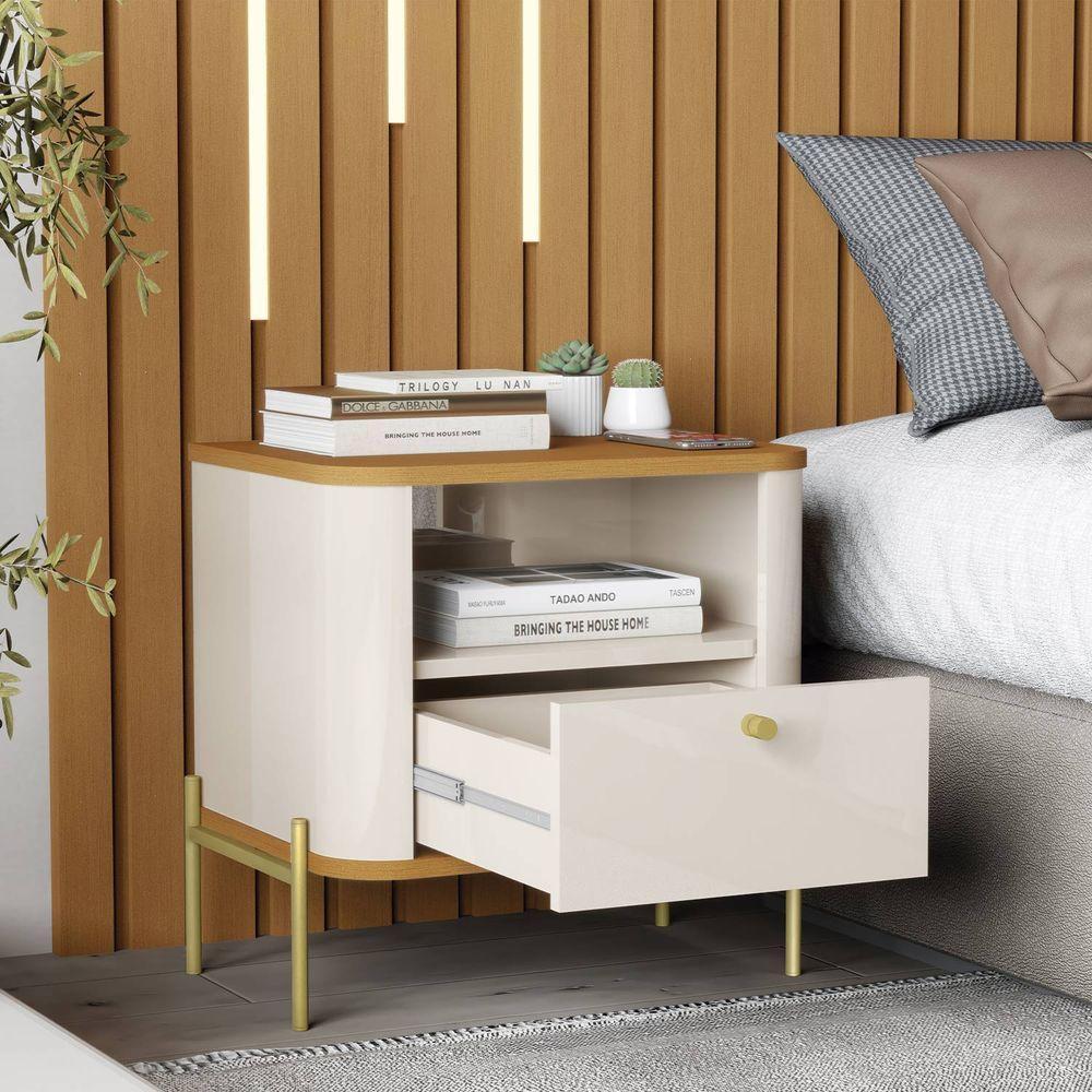 Mesa De Cabeceira Slim Tucupi Off White Com Nature Pe Dourado - Moveis Jb - 3