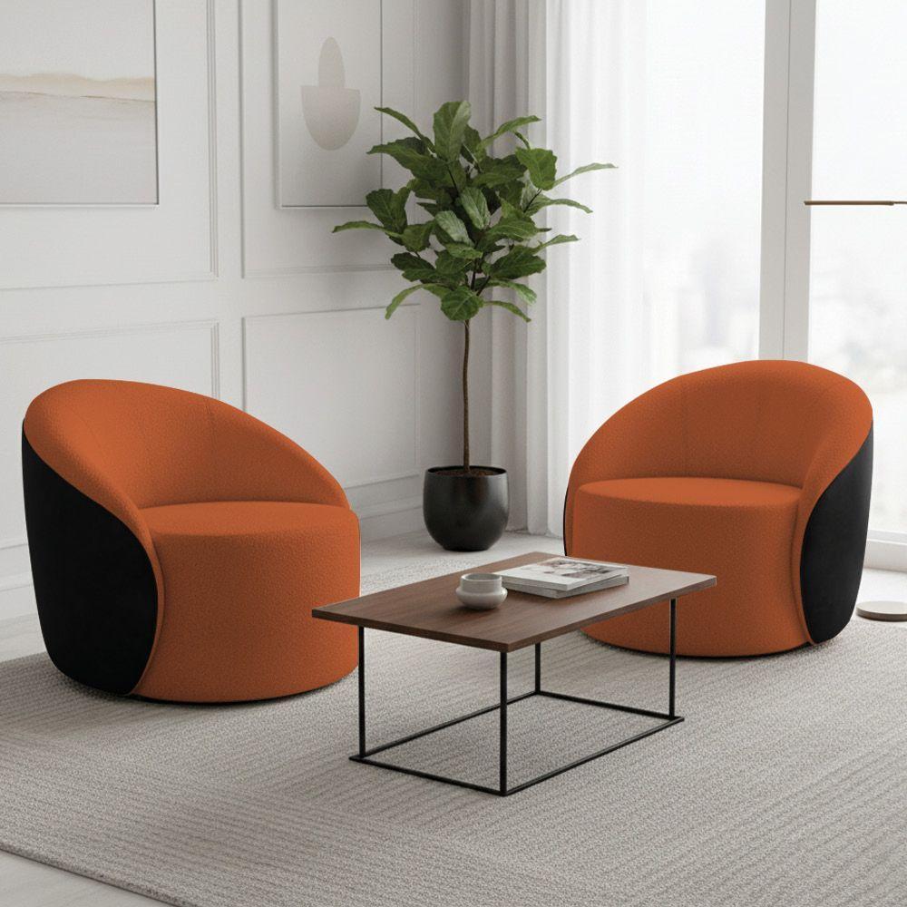 Poltrona Sala Orgânica Kit 2 Lua Fixa Sintético Pu Preto/bouclê D03 - D'rossi Cor Terra - 1