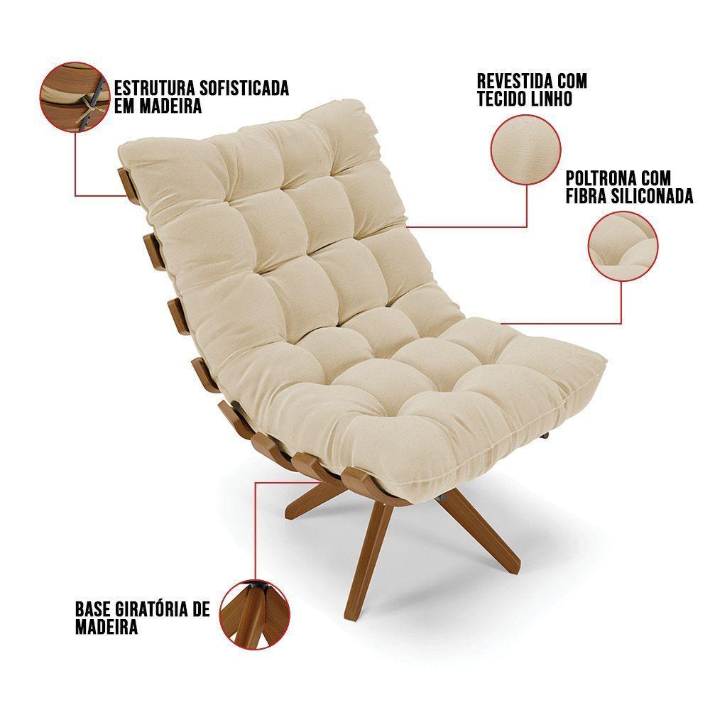 Poltrona Giratória Costela Linho Base De Madeira Ma30 M11 - D'rossi Cor A19 Bege - 7