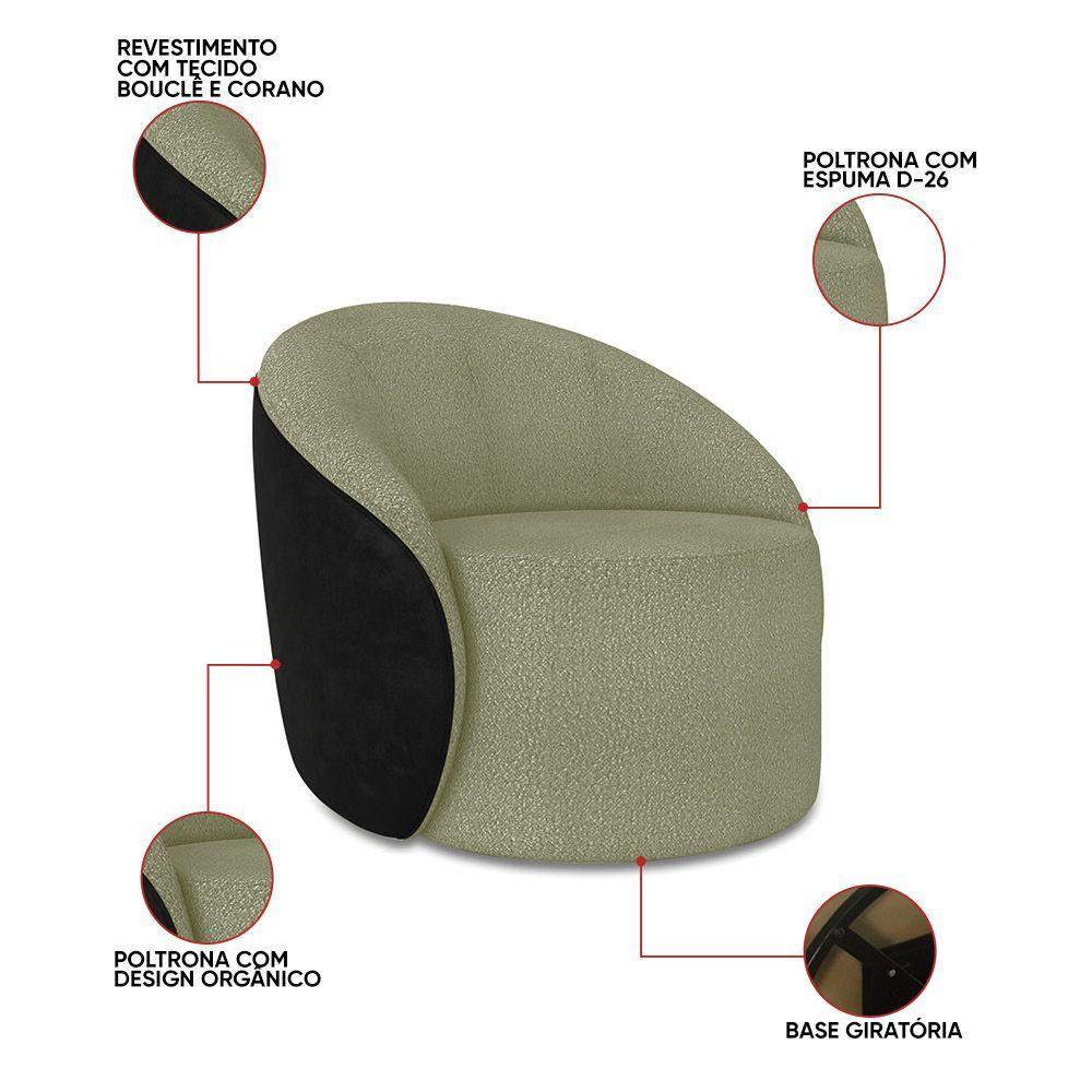 Poltrona Sala Orgânica Lua Giratória Sintético Pu Preto/bouclê Pistache D03 - D'rossi - 3