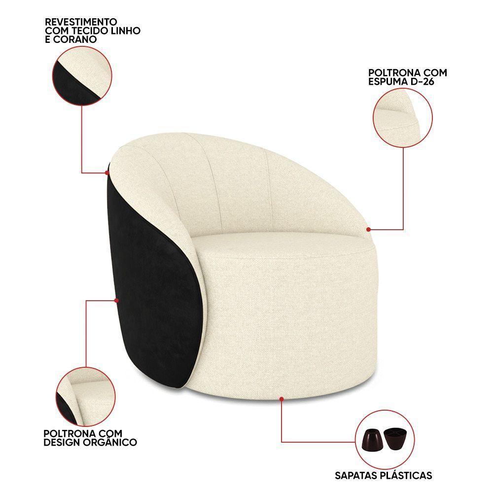 Poltrona Sala Orgânica Lua Fixa Sintético Pu Preto/linho D03 - D'rossi Cor Bege - 3