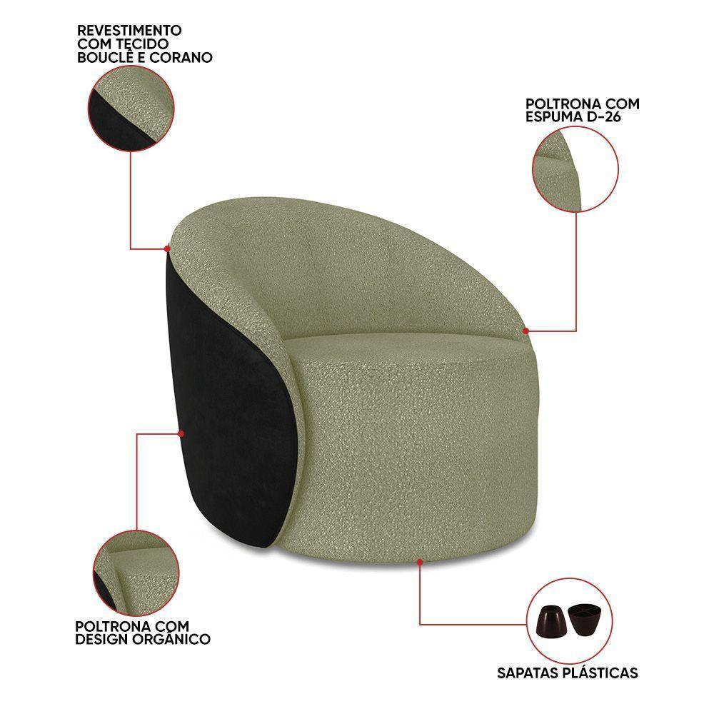 Poltrona Sala Orgânica Lua Fixa Sintético Pu Preto/bouclê D03 - D'rossi Cor Pistache - 2