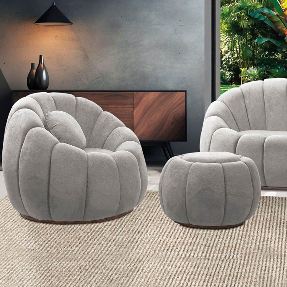 Poltrona E Puff Decorativo Orgânico Fixo Cloud Bouclê Cinza Claro E03 - D'rossi - 1