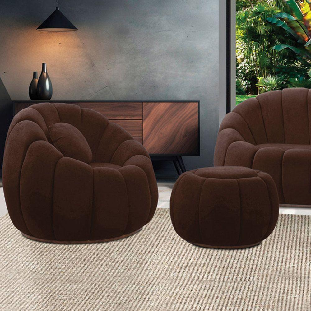 Poltrona E Puff Decorativo Orgânico Fixo Cloud Bouclê Marrom E03 - D'rossi - 1