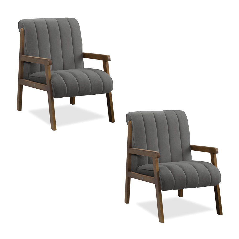 Poltrona Decorativa Sala Base De Madeira Kit 2 Daline Bouclê Cinza Escuro E03 - D'rossi - 1