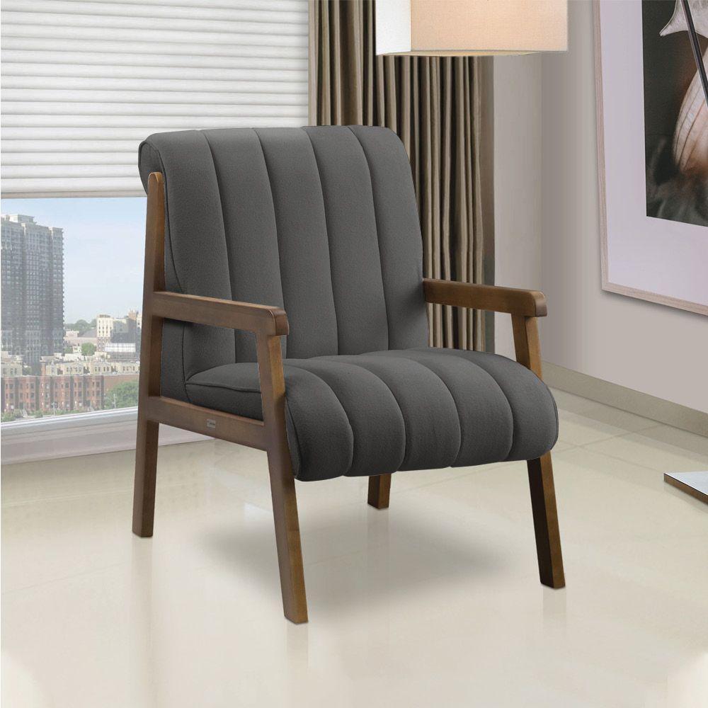 Poltrona Decorativa Sala Base De Madeira Kit 2 Daline Bouclê Cinza Escuro E03 - D'rossi - 2
