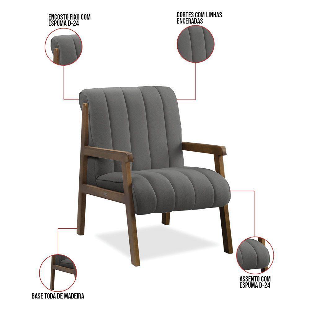 Poltrona Decorativa Sala Base De Madeira Kit 2 Daline Bouclê Cinza Escuro E03 - D'rossi - 3