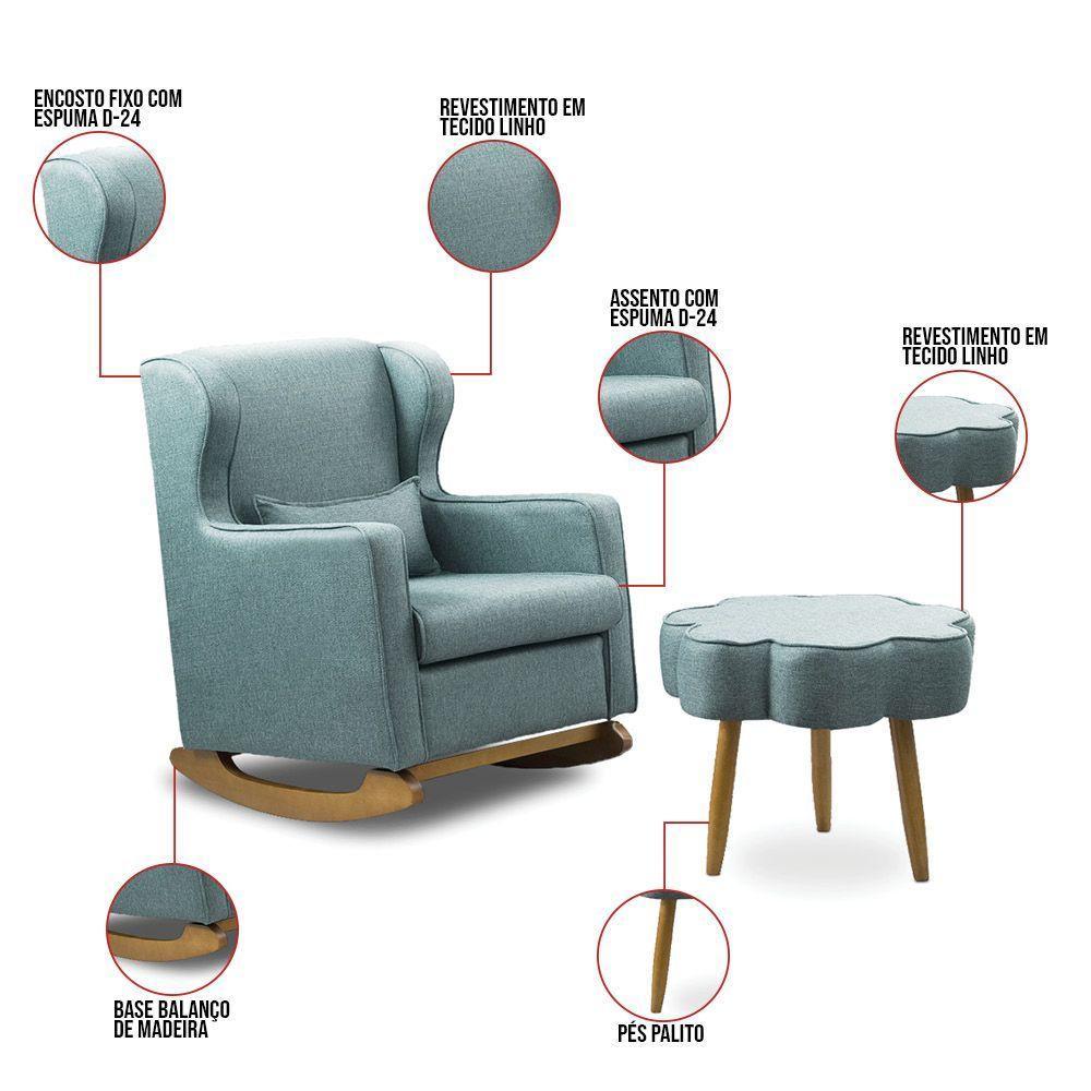 Poltrona De Amamentação Base Balanço E Puff Flower Linho E03 - D'rossi Cor Azul - 5