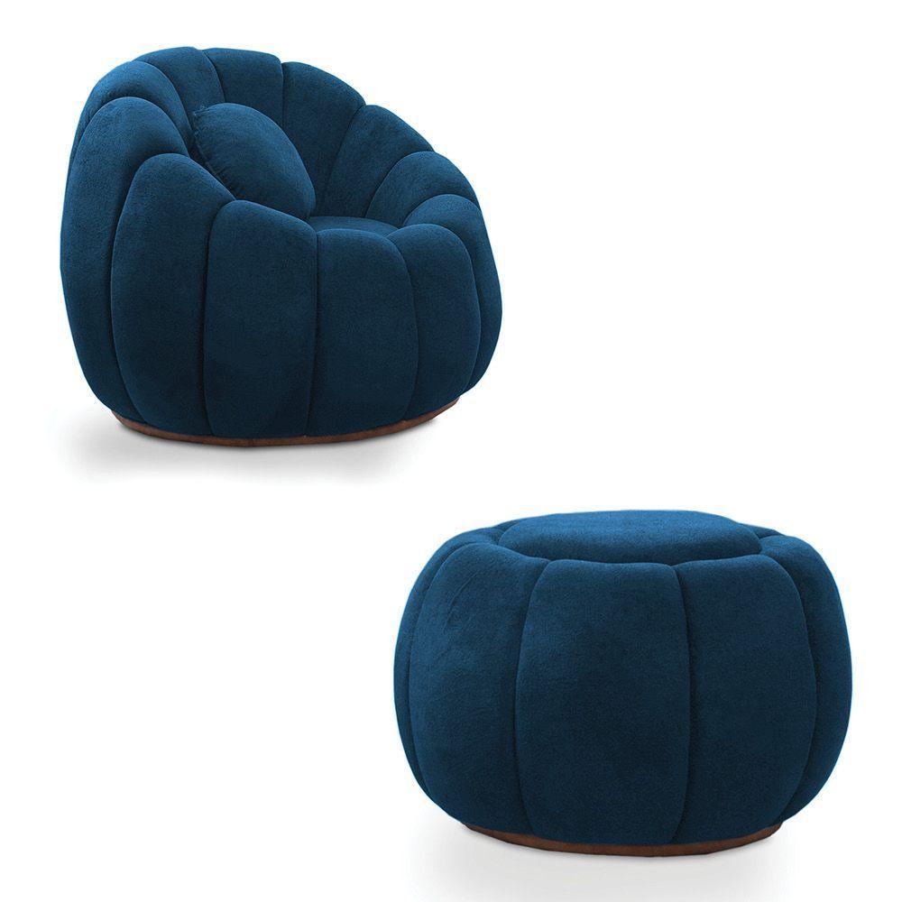 Poltrona E Puff Decorativo Orgânico Fixo Cloud Bouclê Azul Marinho E03 - D'rossi - 2