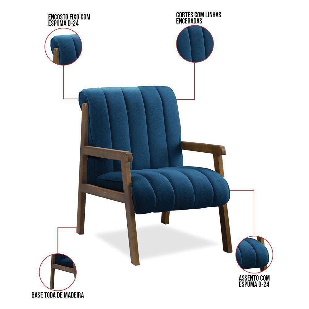 Poltrona Decorativa Sala Base De Madeira Kit 2 Daline Bouclê Azul Marinho E03 - D'rossi - 4