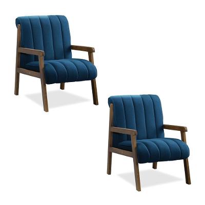 Poltrona Decorativa Sala Base De Madeira Kit 2 Daline Bouclê Azul Marinho E03 - D'rossi