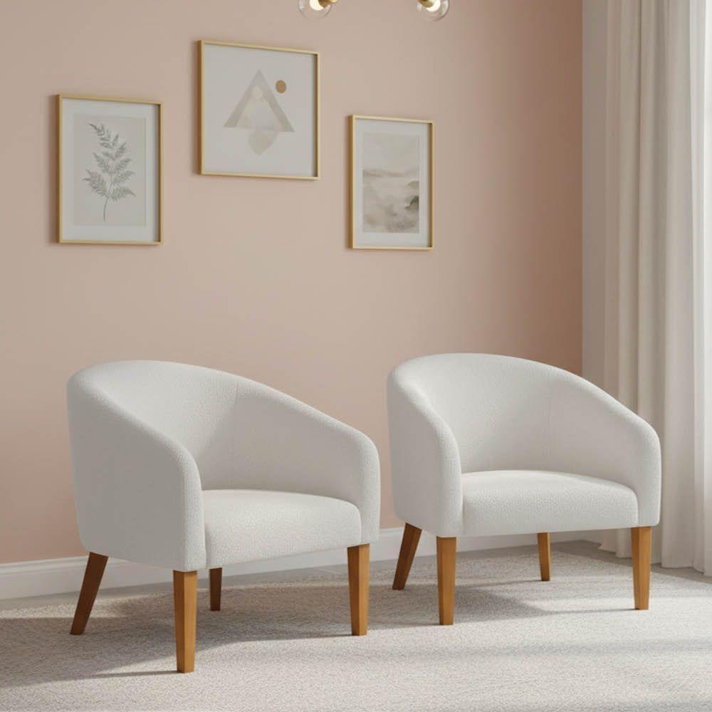 Poltrona Sala Decorativa Kit 2 Stella Pé Madeira Trapézio Castanho Bouclê Off White D03 - D'rossi - 1