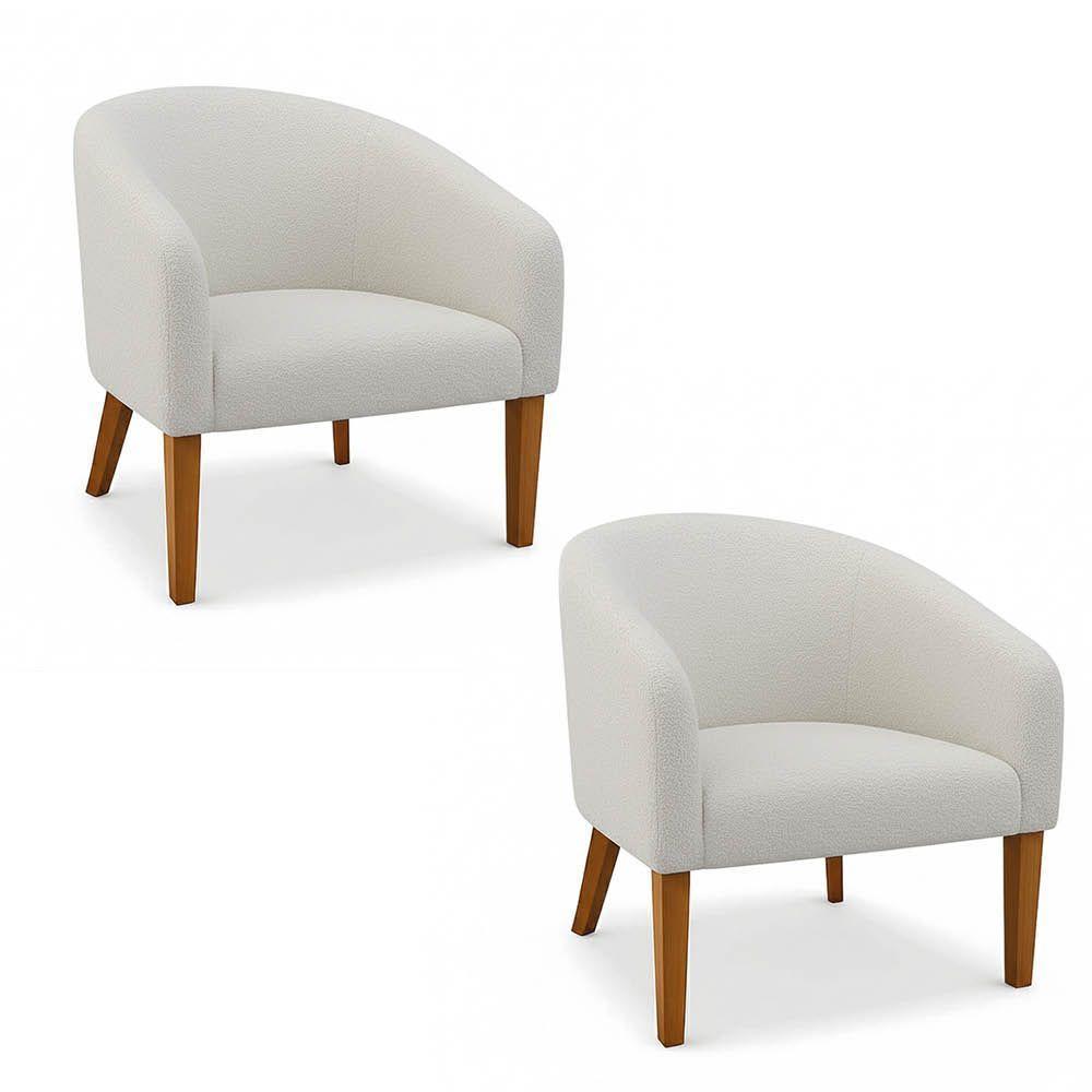 Poltrona Sala Decorativa Kit 2 Stella Pé Madeira Trapézio Castanho Bouclê Off White D03 - D'rossi - 2