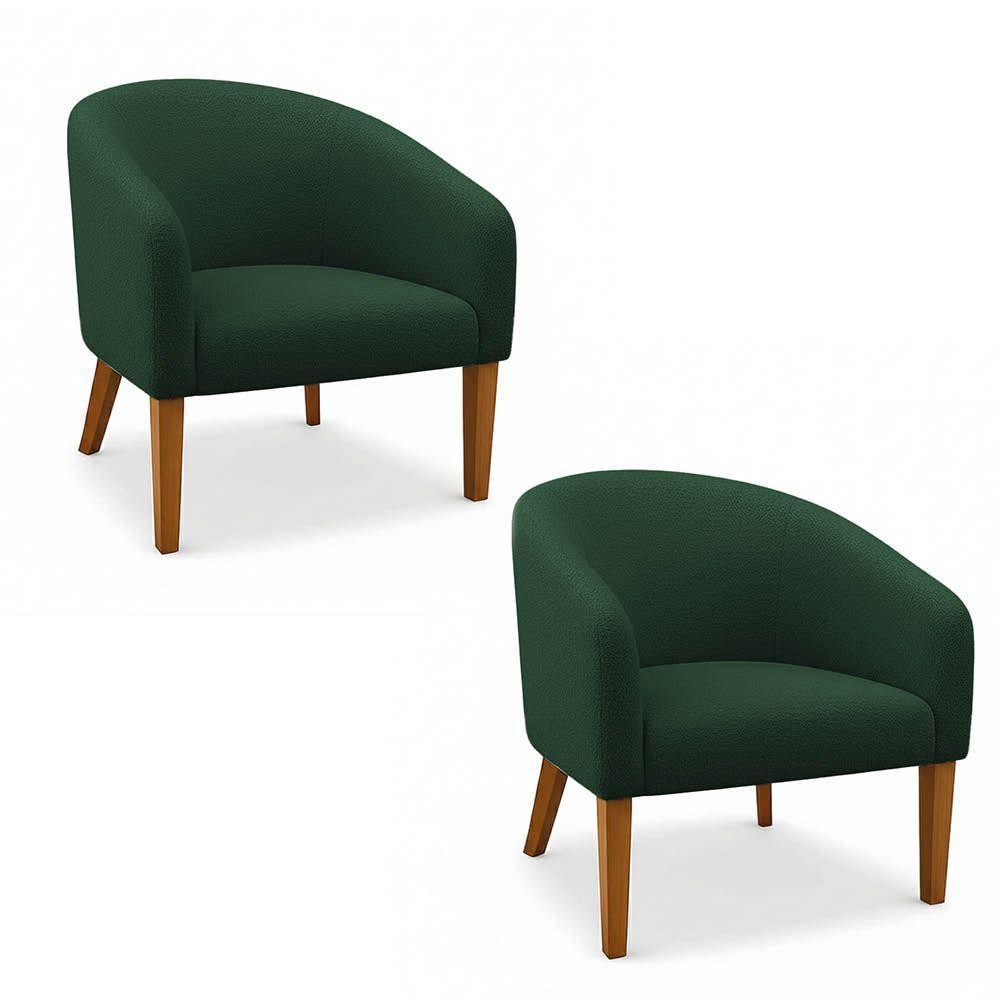 Poltrona Sala Decorativa Kit 2 Stella Pé Madeira Trapézio Castanho Bouclê Verde D03 - D'rossi - 2