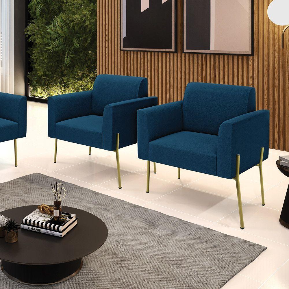 Poltrona Sala Estar Pé Ferro Dourado Kit 2 Marisa Bouclê Azul D03 - D'rossi - 1
