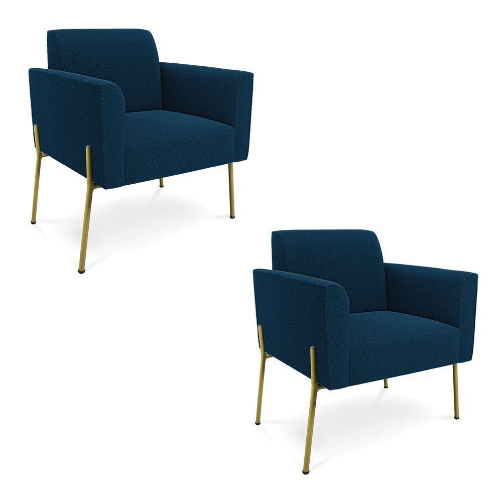 Poltrona Sala Estar Pé Ferro Dourado Kit 2 Marisa Bouclê Azul D03 - D'rossi - 2