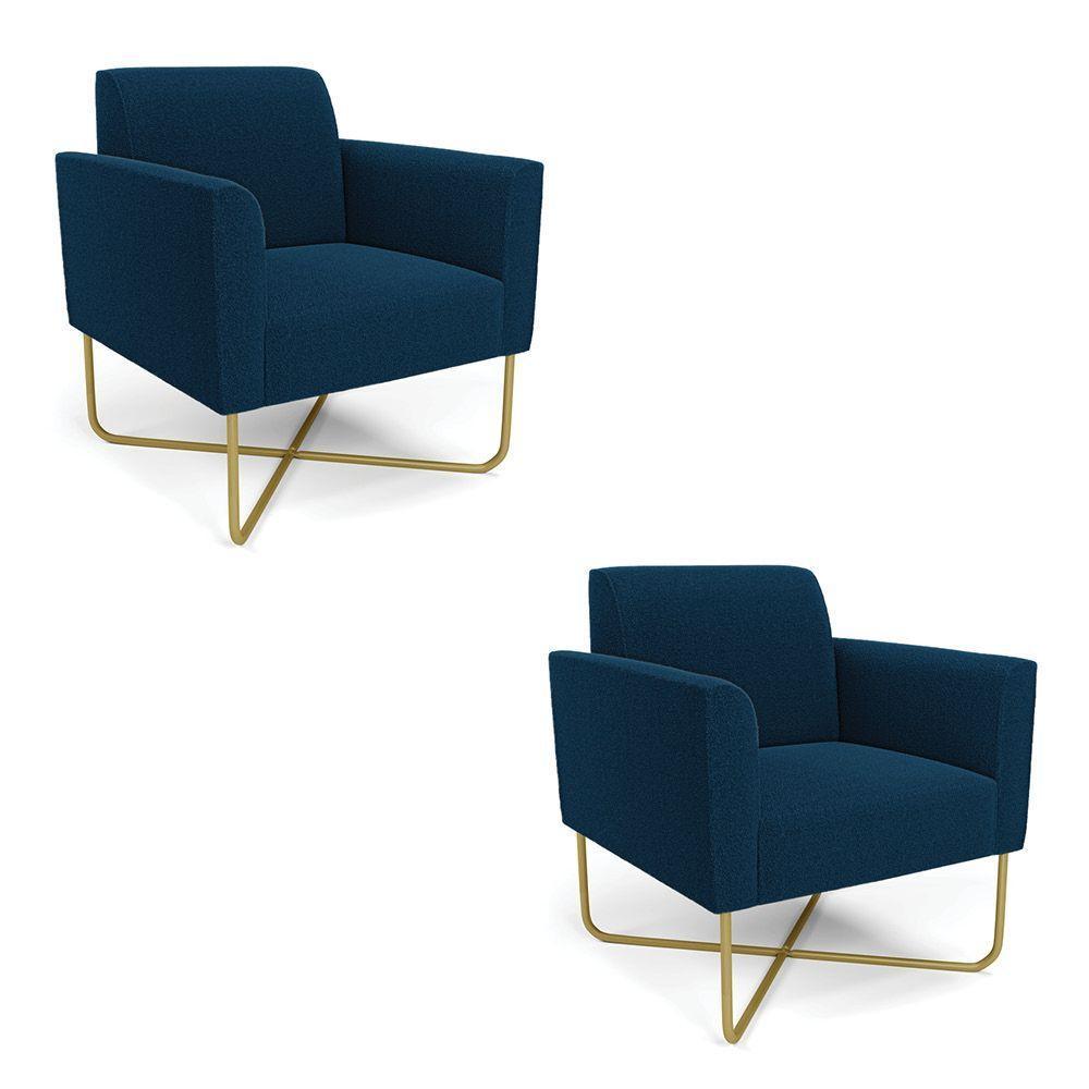 Poltrona Sala Base X Industrial Dourado Kit 2 Marisa Bouclê Azul - 1