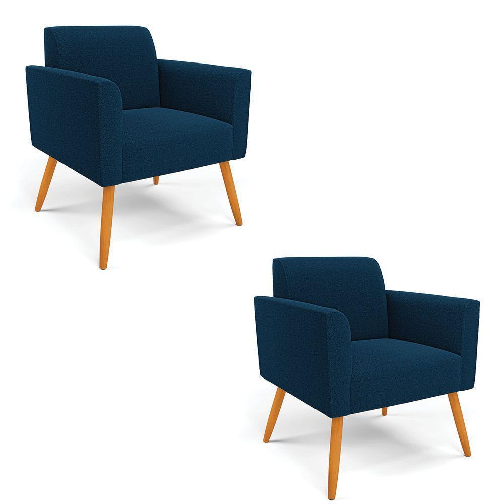 Poltrona Sala Estar Pé Palito Castanho Kit 2 Marisa Bouclê Azul - 2