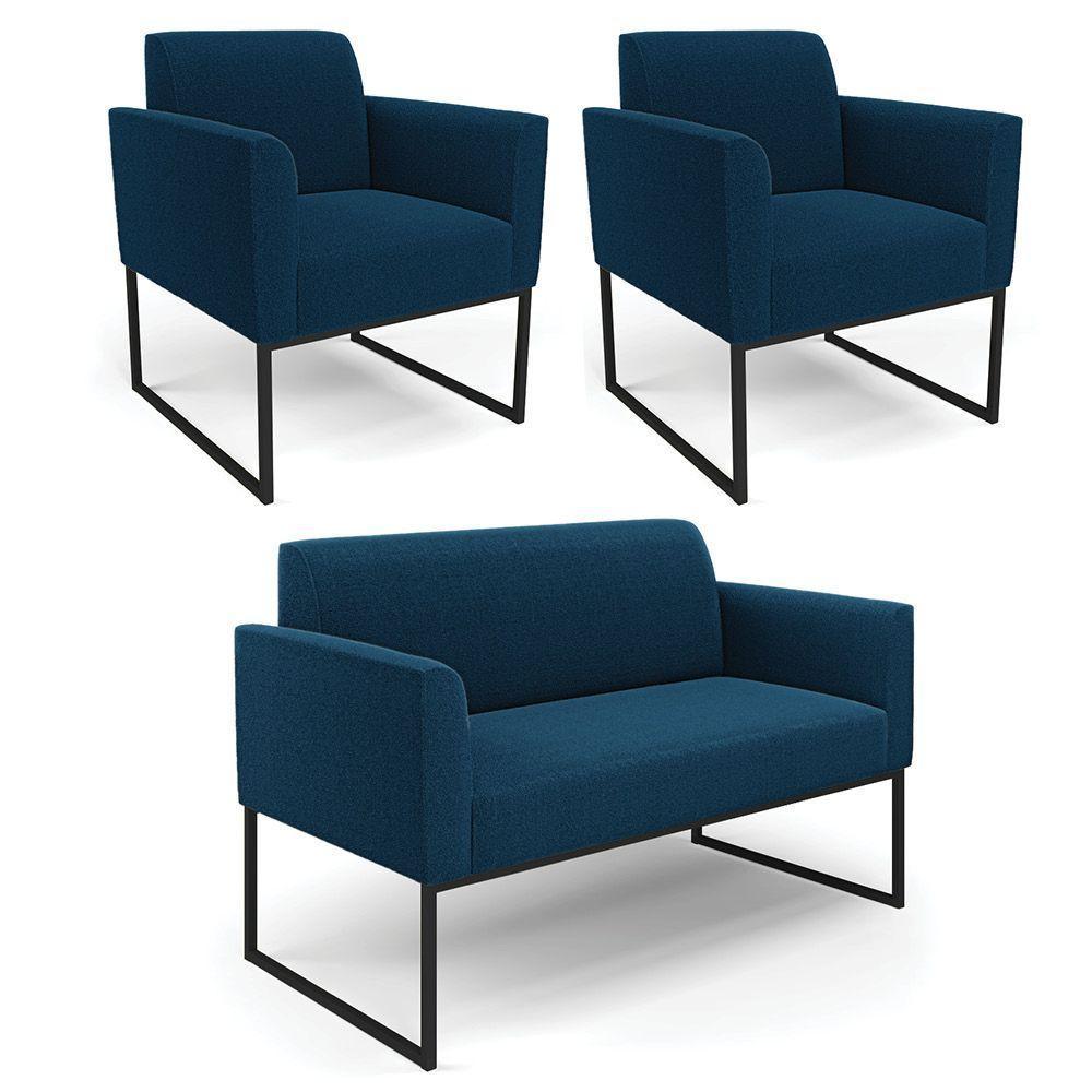 Namoradeira E 2 Poltronas Pé Ferro Preto Marisa Bouclê Cor Azul - 2