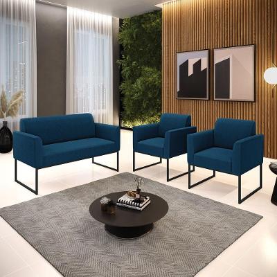 Namoradeira E 2 Poltronas Pé Ferro Preto Marisa Bouclê Cor Azul