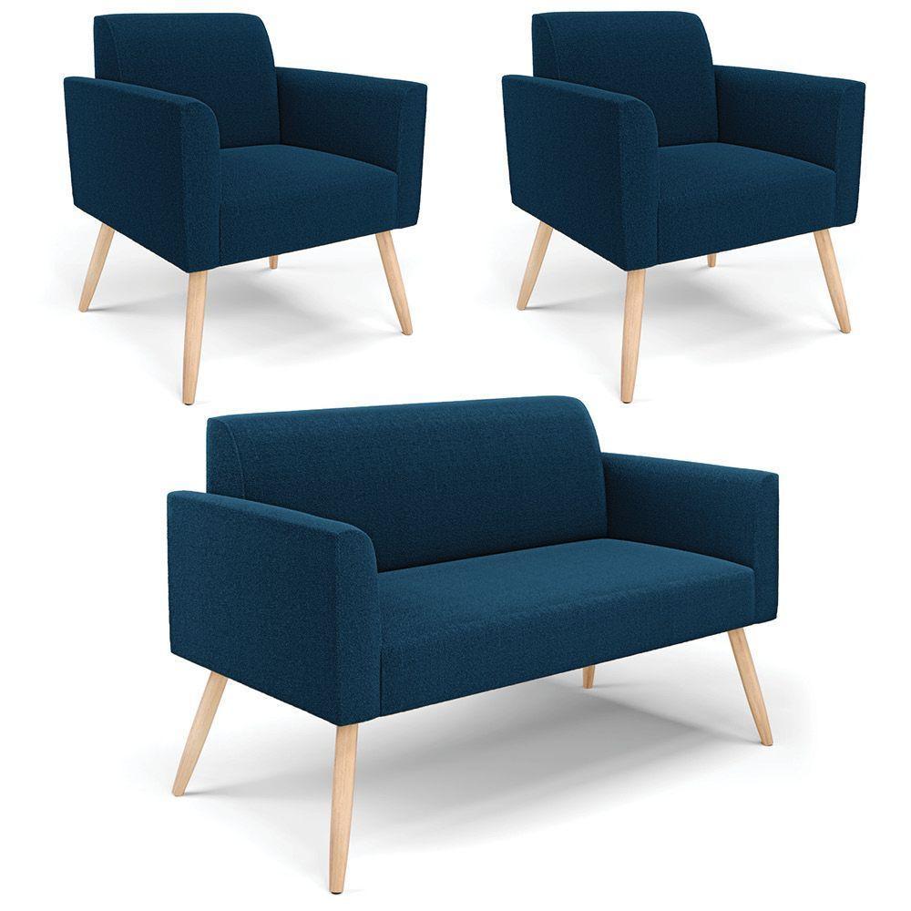 Namoradeira E 2 Poltronas Pé Palito Natural Marisa Bouclê Cor Azul - 2