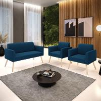 Namoradeira E 2 Poltronas Pé Palito Natural Marisa Bouclê Cor Azul - 1