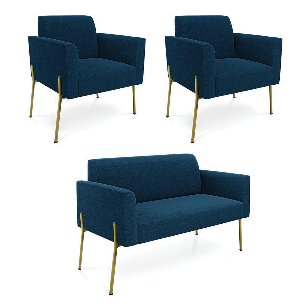 Namoradeira E 2 Poltronas Pé Ferro Dourado Marisa Bouclê D03 - D'rossi Cor Azul - 5