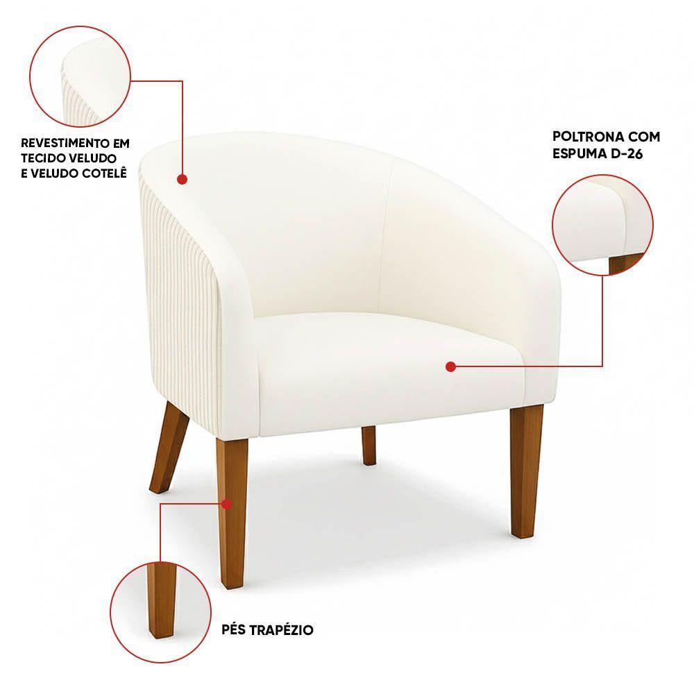 Poltrona Sala Decorativa Kit 2 Stella Pé Madeira Trapézio Castanho Cotelê Ext/veludo Bege D03 - D'rossi - 3