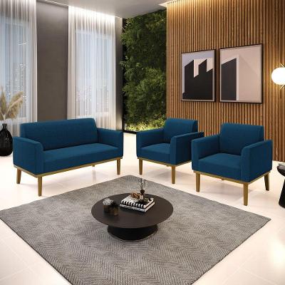 Namoradeira E 2 Poltronas Base Madeira Castanho Marisa Bouclê D03 - D'rossi Cor Azul