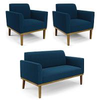 Namoradeira E 2 Poltronas Base Madeira Castanho Marisa Bouclê D03 - D'rossi Cor Azul - 2