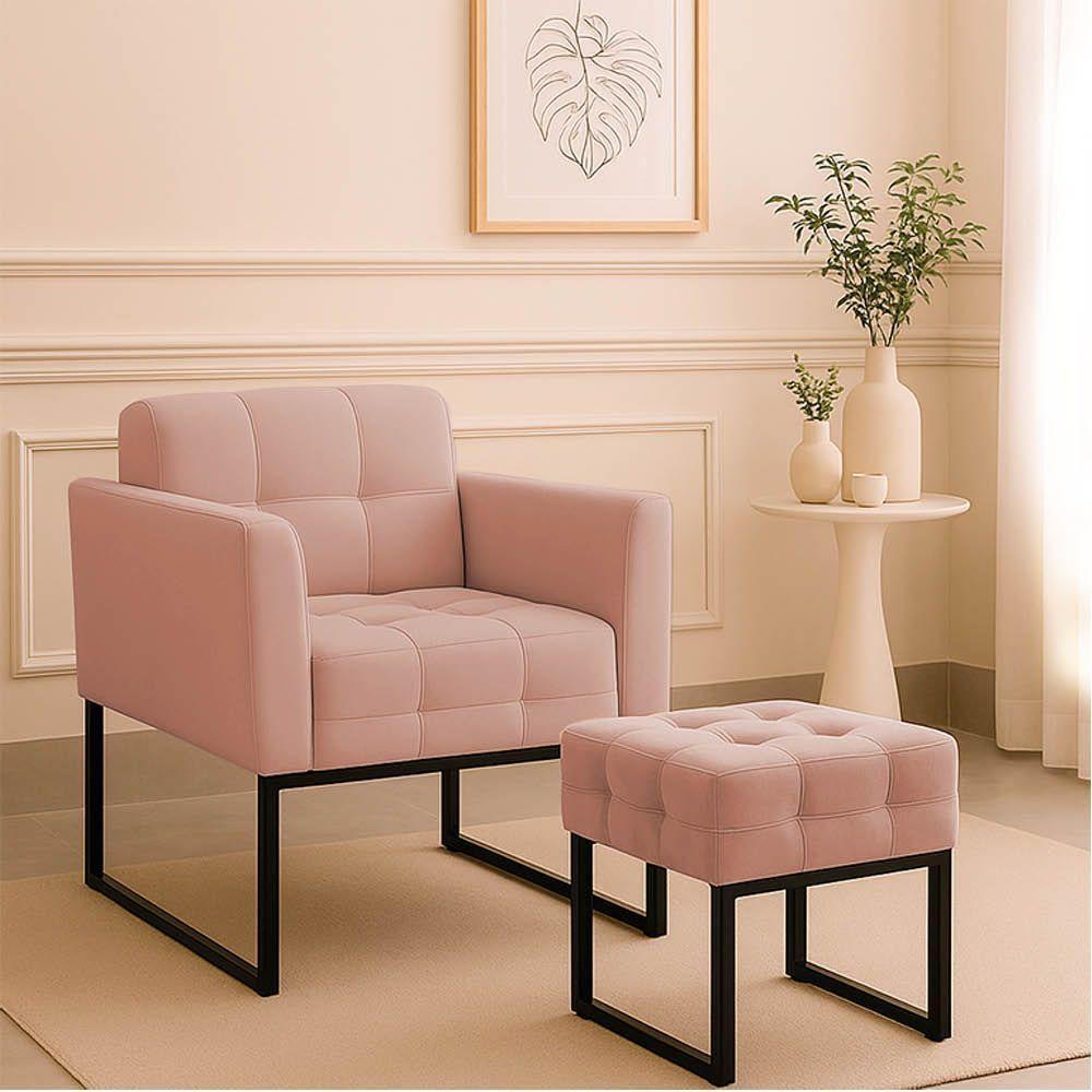 Poltrona Sala E Puff Decorativo Industrial Elisa Veludo Rosê D03 - D'rossi - 1