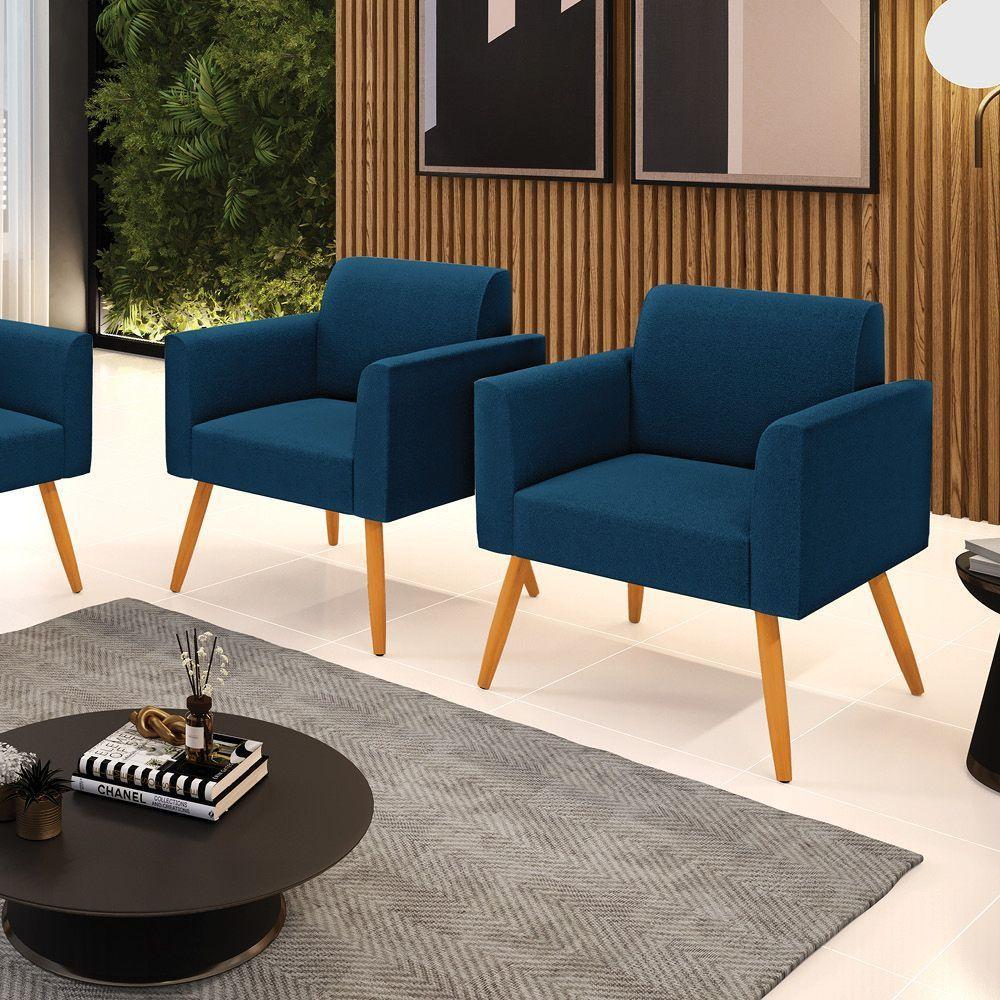 Poltrona Sala Estar Pé Palito Castanho Kit 2 Marisa Bouclê Cor Azul - 1
